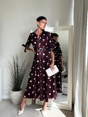 Style Cheat Burgundy Pink Polka Dot Daphne Belted Shirt Dress - Image 1 of 4