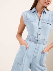 Friends Like These Blue Petite Sleeveless Belted Denim Utility Jumpsuit - Image 3 of 4