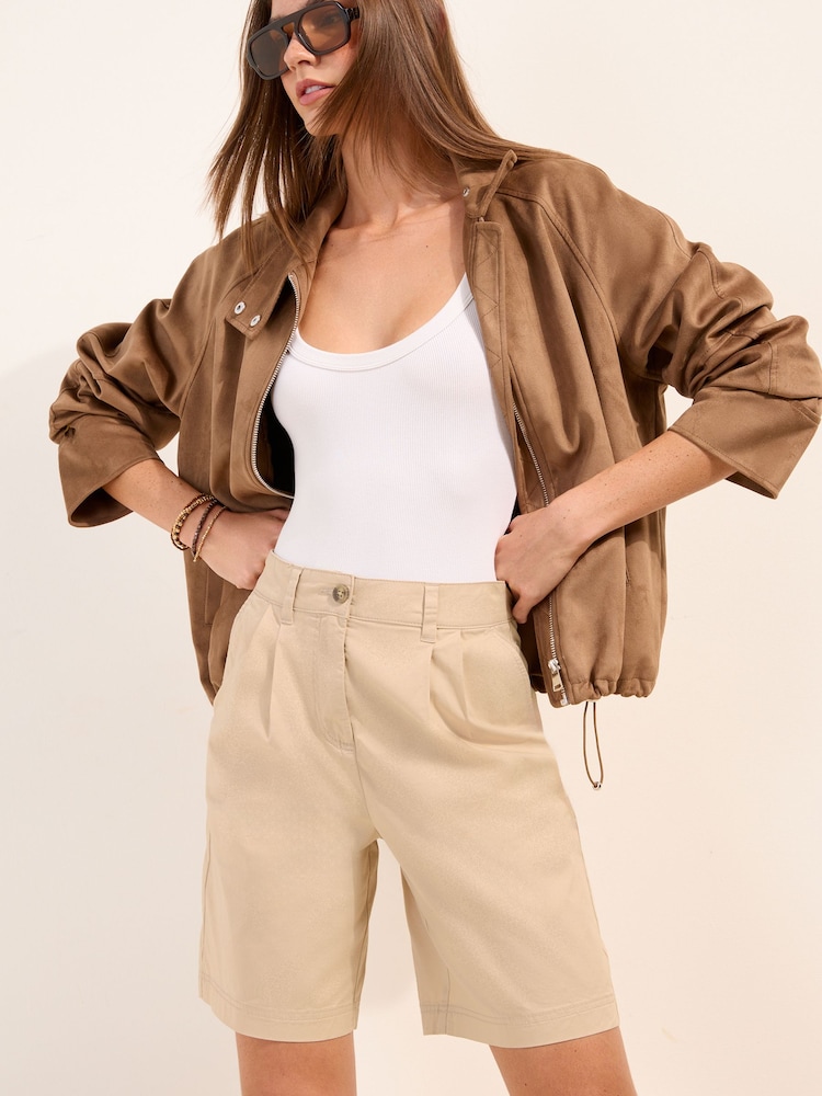 Friends Like These Neutral Petite Pleated Chino Bermuda Shorts - Image 1 of 4