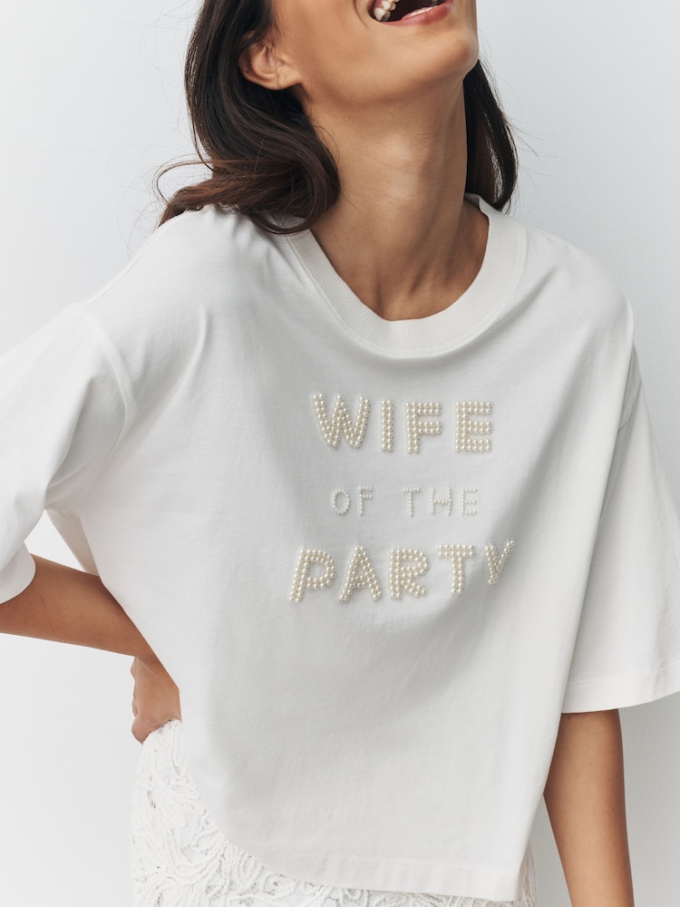 White Embellished Bridal Wife Of The Party Short Sleeve T-Shirt - Image 1 of 7