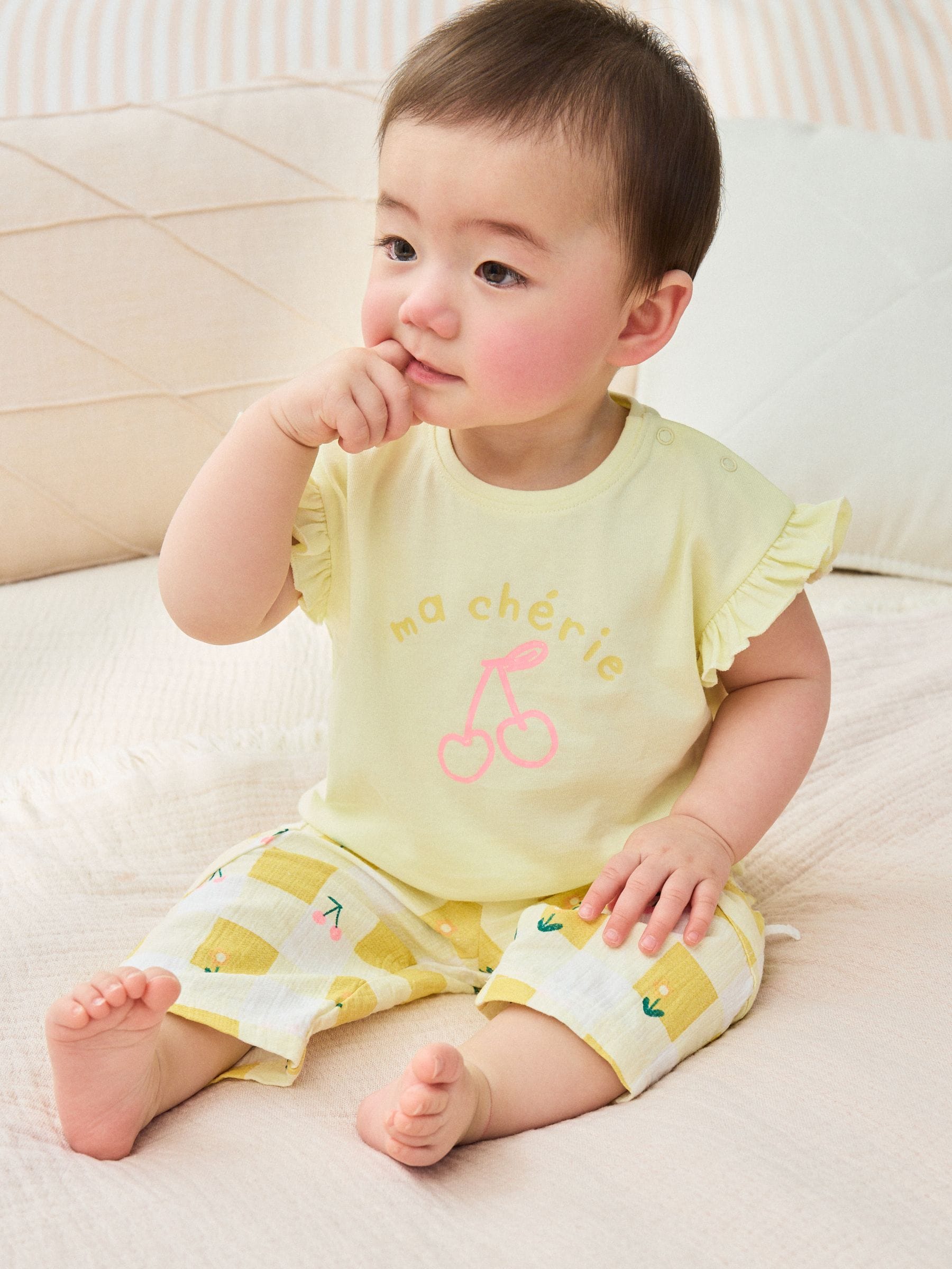 Buy Yellow Cherry Short Sleeve Baby Tops and Wide Leg Leggings Set