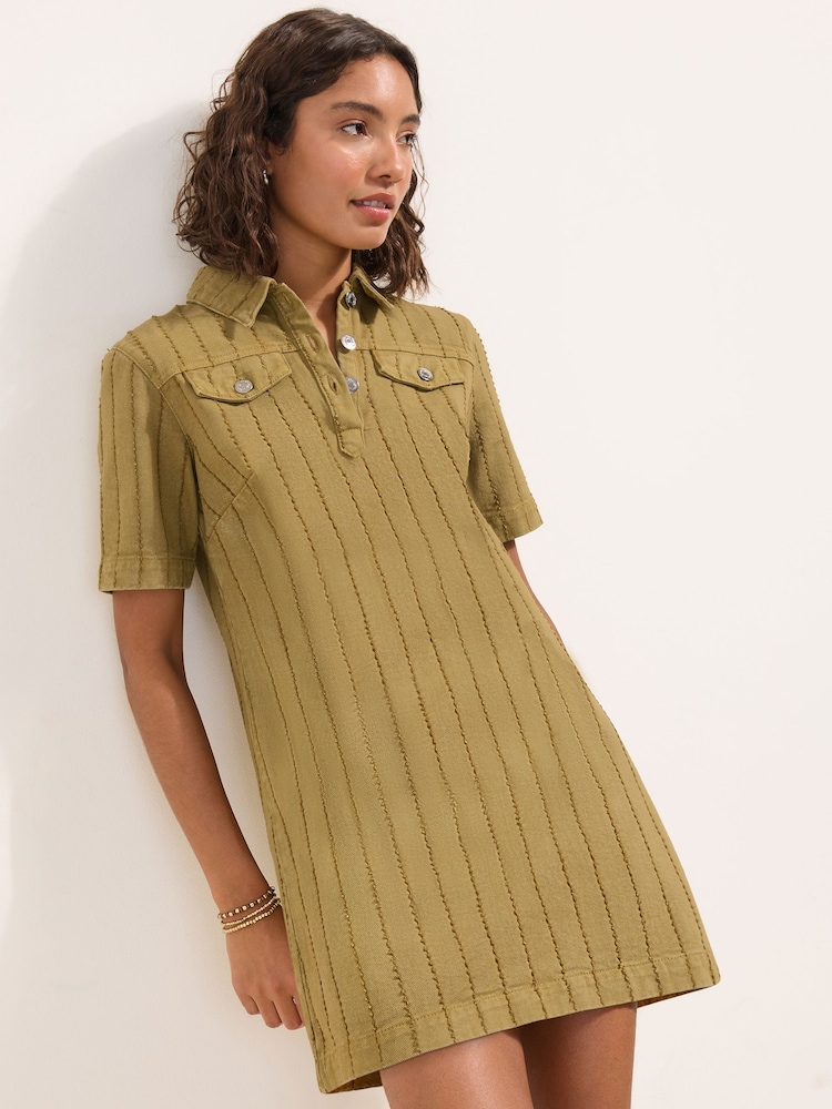 Friends Like These Olive Green Petite Denim A-Line Mini Dress - Image 1 of 4