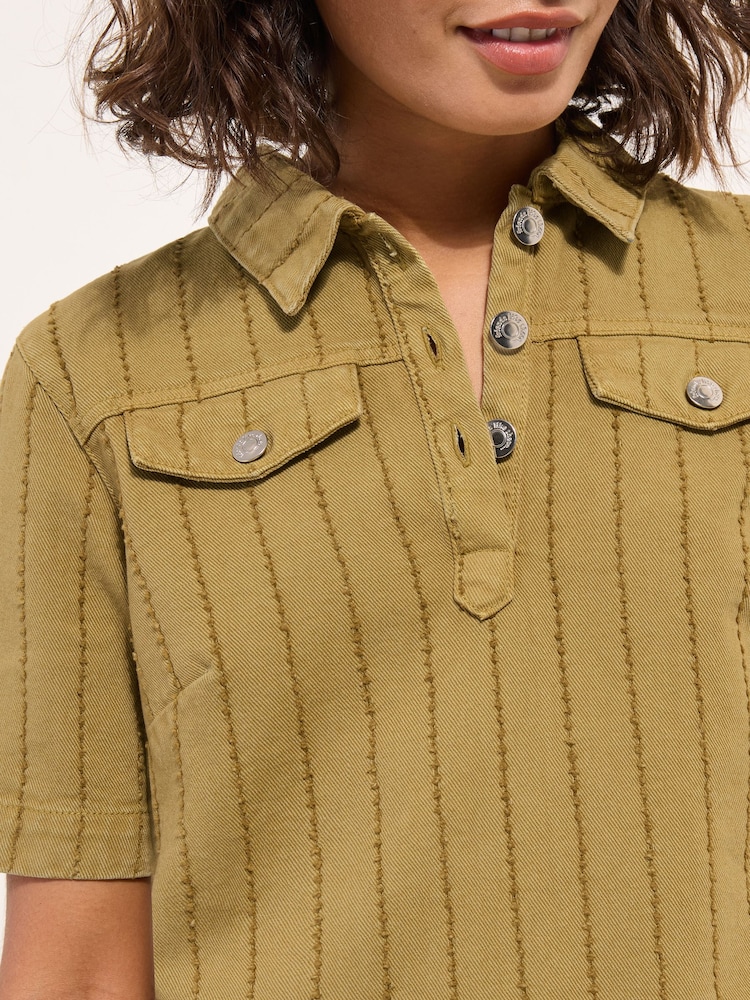 Friends Like These Olive Green Petite Denim A-Line Mini Dress - Image 2 of 4