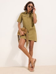 Friends Like These Olive Green Petite Denim A-Line Mini Dress - Image 3 of 4
