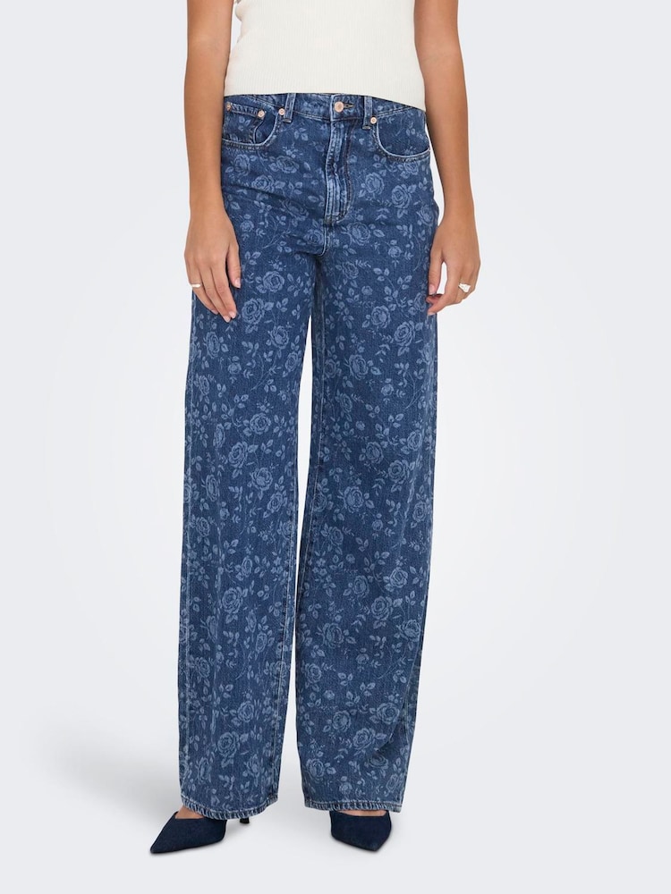 ONLY Blue High Waist Wide Leg Rose Print Jeans - Image 1 of 6 ONLY Blue High Waist Wide Leg Rose Print Jeans - Image 1 of 6