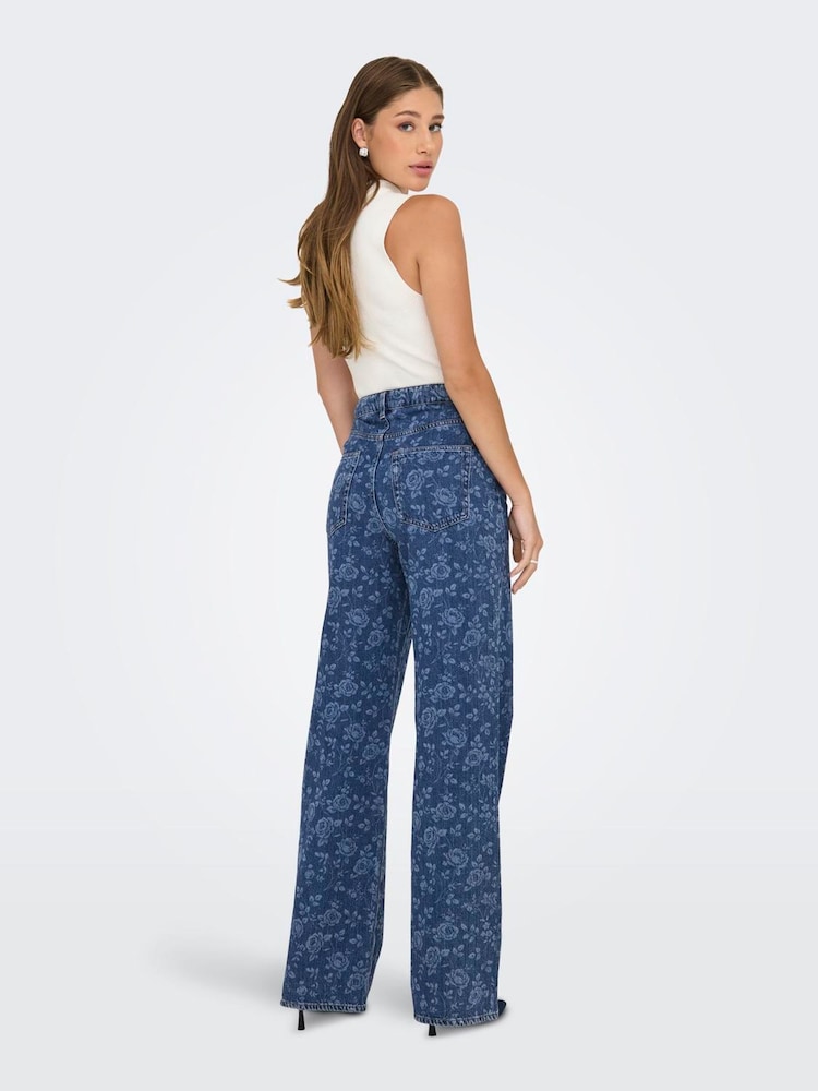 ONLY Blue High Waist Wide Leg Rose Print Jeans - Image 2 of 6 ONLY Blue High Waist Wide Leg Rose Print Jeans - Image 2 of 6