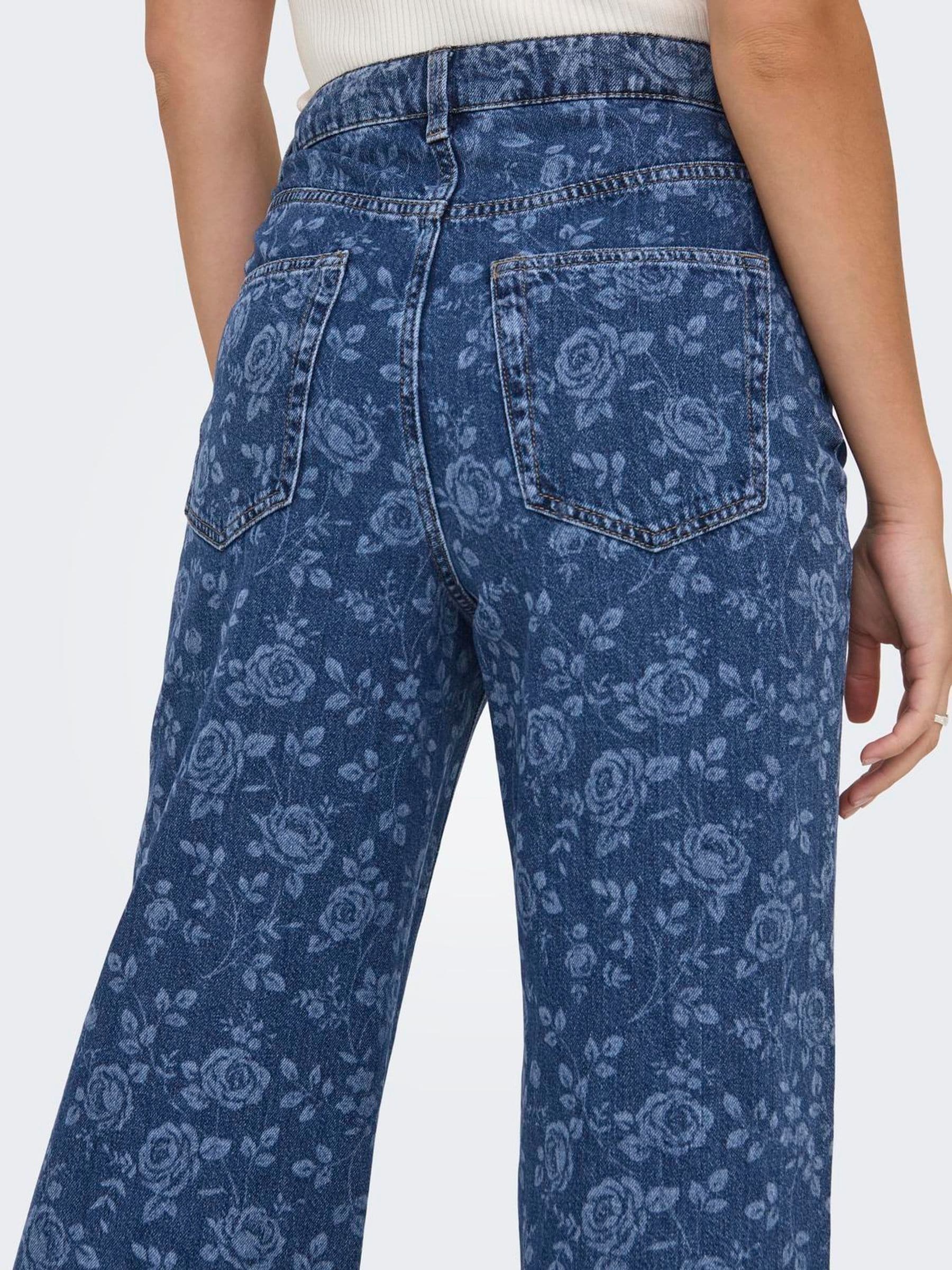 Buy ONLY Floral Print High Waist Wide Leg Rose Print Jeans from