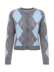 ONLY Grey Long Sleeve Button Through Argyle Knit Cardigan - Image 1 of 2