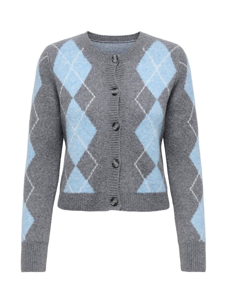 ONLY Grey Long Sleeve Button Through Argyle Knit Cardigan - Image 1 of 2