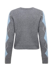 ONLY Grey Long Sleeve Button Through Argyle Knit Cardigan - Image 2 of 2