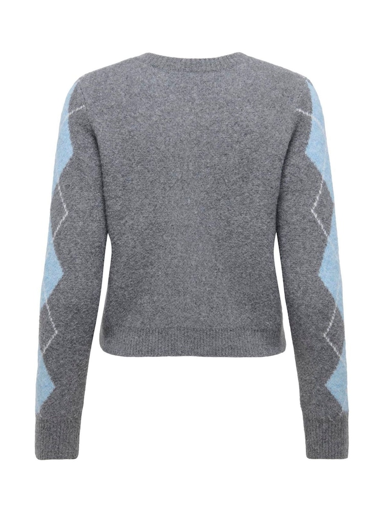 ONLY Grey Long Sleeve Button Through Argyle Knit Cardigan - Image 2 of 2