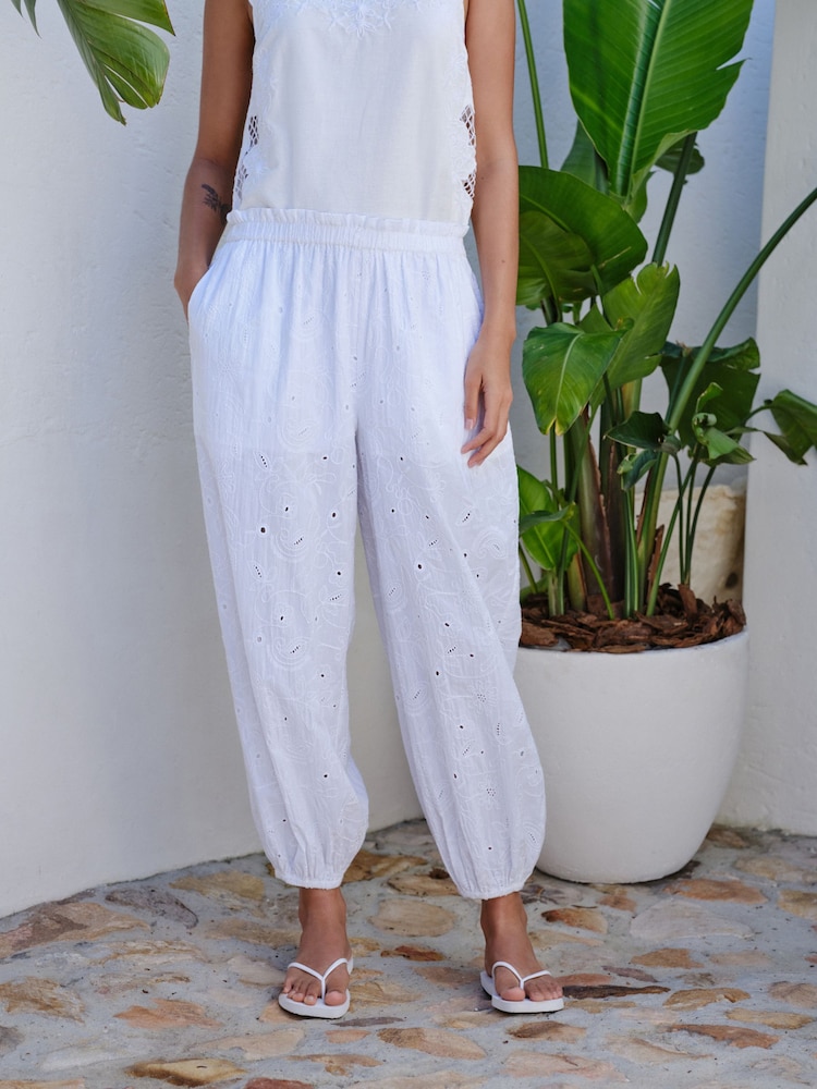 White Broderie Balloon Leg Trousers - Image 1 of 7 White Broderie Balloon Leg Trousers - Image 1 of 7
