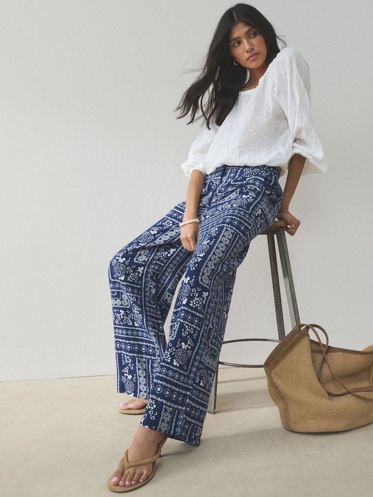 Navy Blue/Ecru Print Smart Front Linen Blend Wide Leg Trousers - Image 1 of 8 Navy Blue/Ecru Print Smart Front Linen Blend Wide Leg Trousers - Image 1 of 8