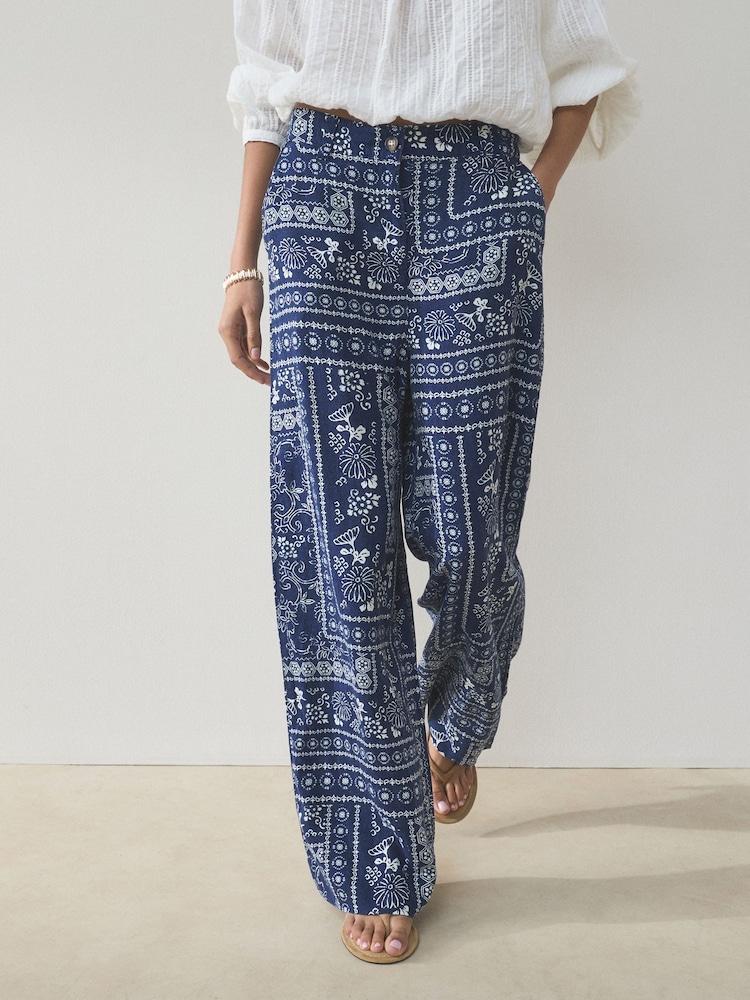 Navy Blue/Ecru Print Smart Front Linen Blend Wide Leg Trousers - Image 2 of 8 Navy Blue/Ecru Print Smart Front Linen Blend Wide Leg Trousers - Image 2 of 8