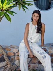 Ecru/Navy Palm Print Barrel Leg Trousers with Linen - Image 2 of 8