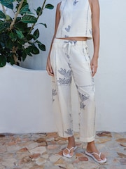 Ecru/Navy Palm Print Barrel Leg Trousers with Linen - Image 3 of 8
