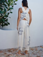 Ecru/Navy Palm Print Barrel Leg Trousers with Linen - Image 4 of 8