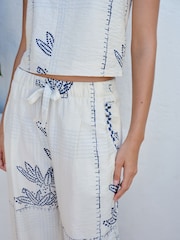 Ecru/Navy Palm Print Barrel Leg Trousers with Linen - Image 5 of 8