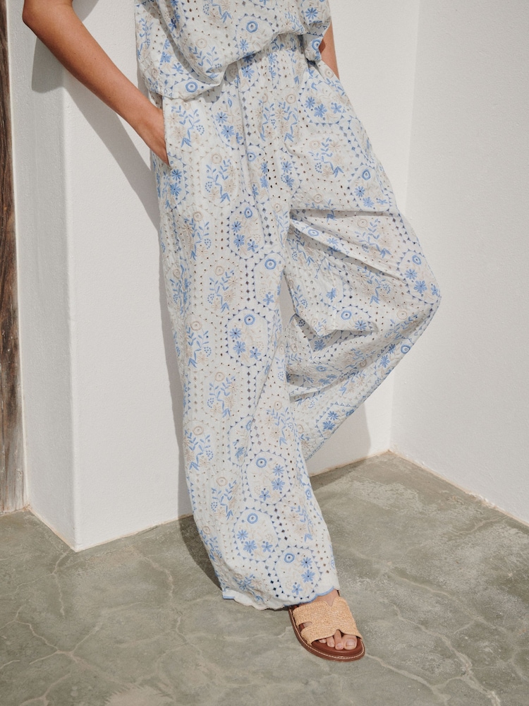 Ecru/Neutral/Blue Embroidered Wide Leg Trousers - Image 2 of 7