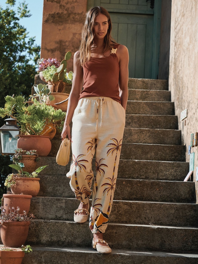 Beige Palm Print Linen Blend Balloon Leg Trousers - Image 1 of 9 Beige Palm Print Linen Blend Balloon Leg Trousers - Image 1 of 9