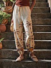 Beige Palm Print Linen Blend Balloon Leg Trousers - Image 2 of 9