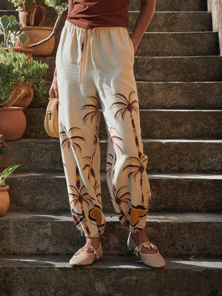 Beige Palm Print Linen Blend Balloon Leg Trousers - Image 2 of 9 Beige Palm Print Linen Blend Balloon Leg Trousers - Image 2 of 9