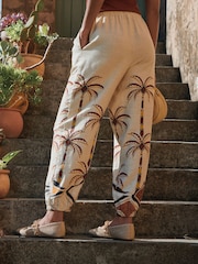 Beige Palm Print Linen Blend Balloon Leg Trousers - Image 5 of 9