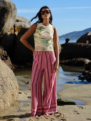 Pink Stripe Linen Blend Wide Leg Trousers - Image 1 of 7