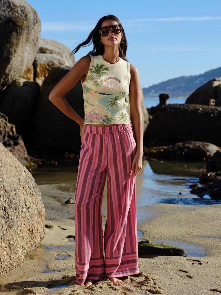 Pink Stripe Linen Blend Wide Leg Trousers - Image 1 of 7