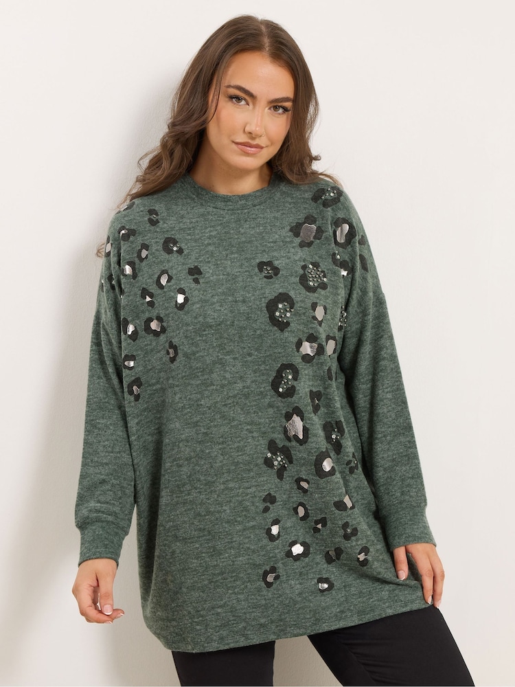 Yours Curve Green Animal Studded Sweat Top - Image 1 of 5 Yours Curve Green Animal Studded Sweat Top - Image 1 of 5