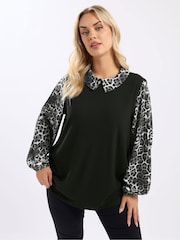 Yours Curve Black Leopard Print Brushed 2-In-1 Top - Image 1 of 5