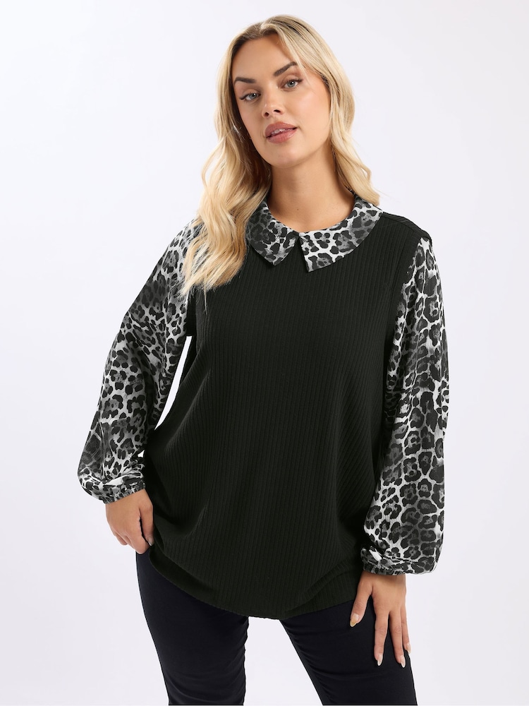 Yours Curve Black Leopard Print Brushed 2-In-1 Top - Image 1 of 5