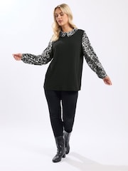 Yours Curve Black Leopard Print Brushed 2-In-1 Top - Image 2 of 5