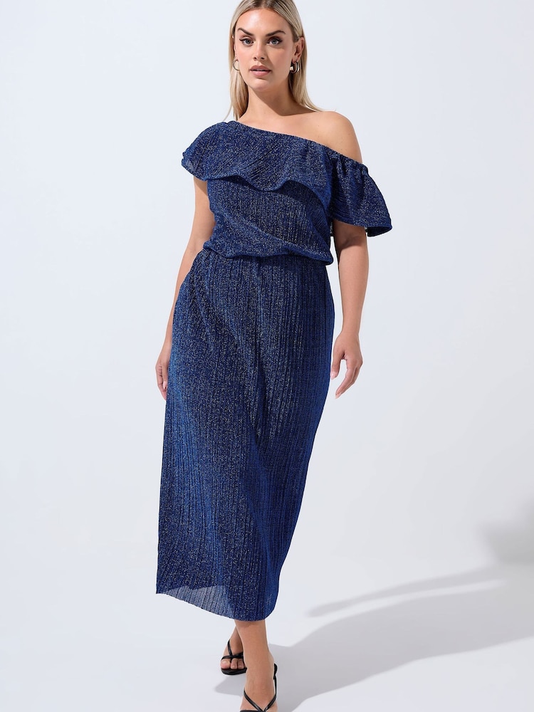 Yours Curve Blue Limited Frill Sparkle Dress - Image 2 of 5 Yours Curve Blue Limited Frill Sparkle Dress - Image 2 of 5