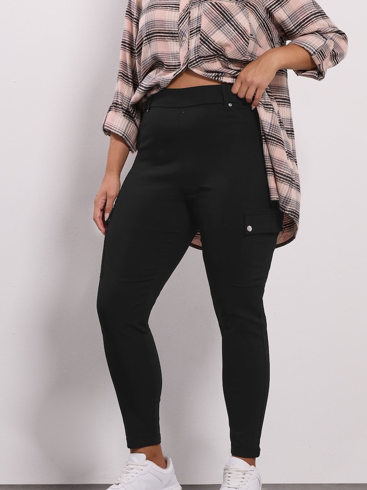 Yours Curve Black Bengaline Cargo Jegging Trousers - Image 1 of 5