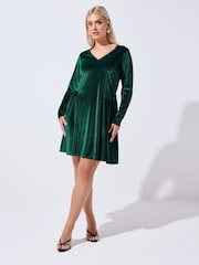 Yours Curve Green Limited Velvet Skater Dress - Image 1 of 5