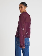 River Island Red Long Sleeve Chiffon Cutwork Blouse - Image 2 of 4