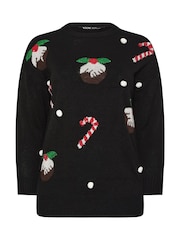 Yours Curve Black Candy Cane Novelty Jumper - Image 2 of 2