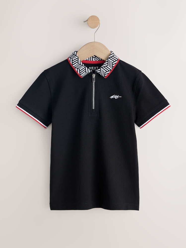 Black Geo Collar Zip Neck Polo Shirt (3-16yrs) - Image 1 of 4
