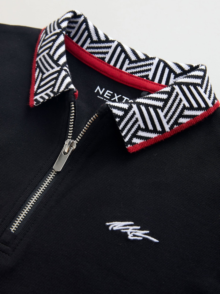Black Geo Collar Zip Neck Polo Shirt (3-16yrs) - Image 4 of 4