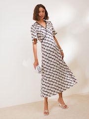Friends Like These Cream/Black Check Flutter Sleeve Lace Detail V-Neck Midi Dress - Image 1 of 5