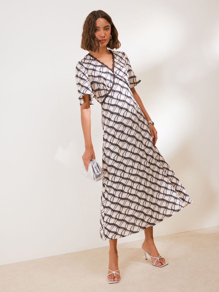 Friends Like These Cream/Black Check Flutter Sleeve Lace Detail V-Neck Midi Dress - Image 1 of 5