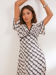 Friends Like These Cream/Black Check Flutter Sleeve Lace Detail V-Neck Midi Dress - Image 2 of 5