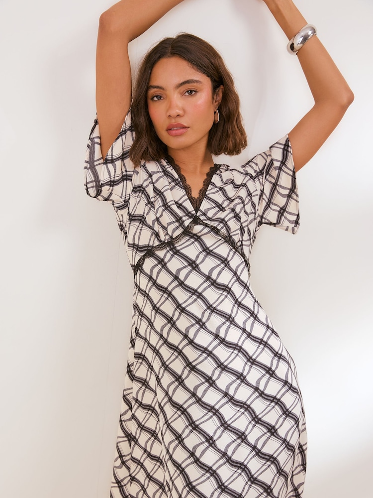 Friends Like These Cream/Black Check Flutter Sleeve Lace Detail V-Neck Midi Dress - Image 2 of 5