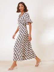Friends Like These Cream/Black Check Flutter Sleeve Lace Detail V-Neck Midi Dress - Image 3 of 5