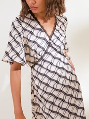 Friends Like These Cream/Black Check Flutter Sleeve Lace Detail V-Neck Midi Dress - Image 4 of 5