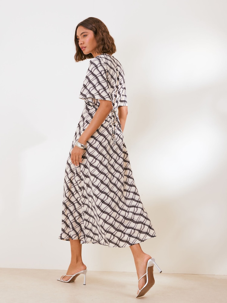 Friends Like These Cream/Black Check Flutter Sleeve Lace Detail V-Neck Midi Dress - Image 5 of 5