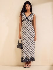 Friends Like These Cream/Black Check Sleeveless Lace Detail Midi Dress - Image 1 of 5