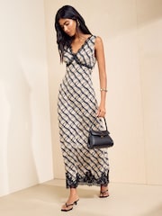 Friends Like These Cream/Black Check Sleeveless Lace Detail Midi Dress - Image 3 of 5