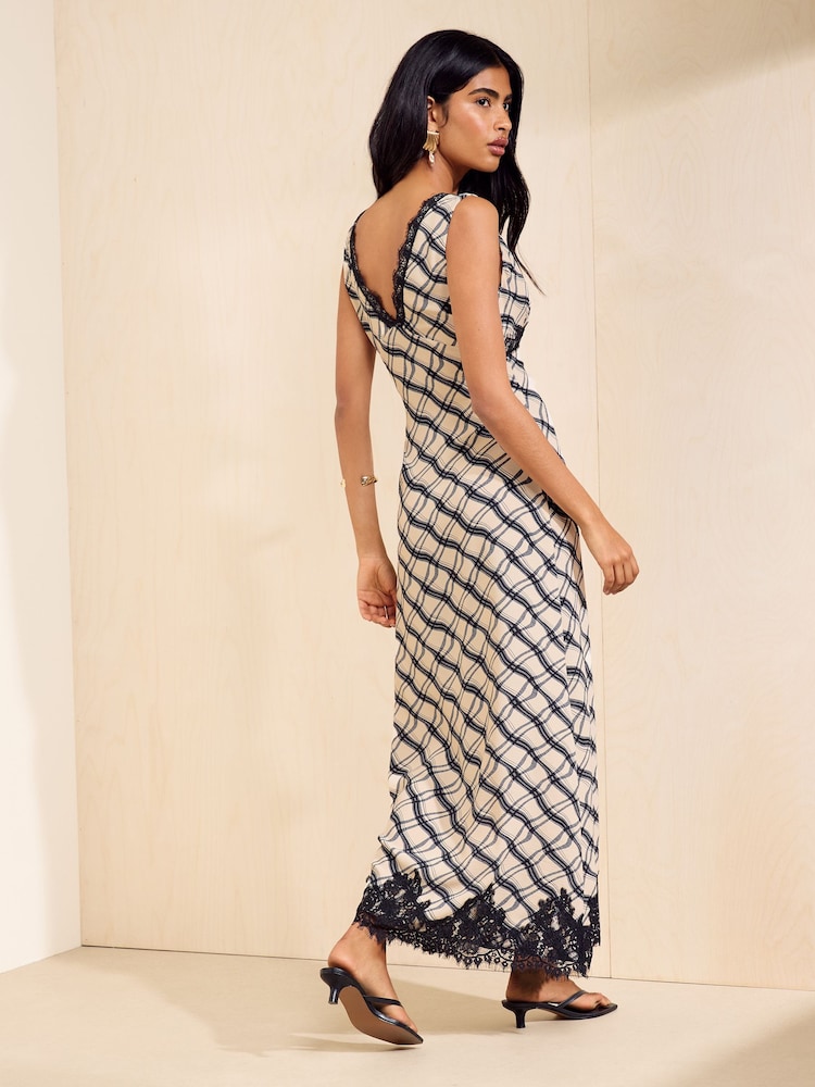 Friends Like These Cream/Black Check Sleeveless Lace Detail Midi Dress - Image 5 of 5